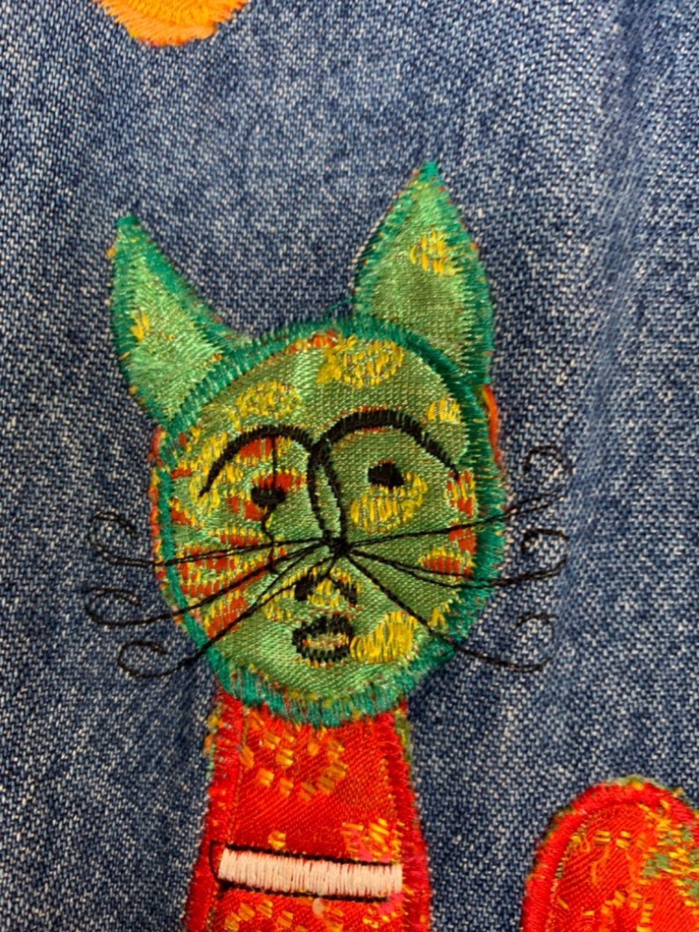 Tantrums Denim Jacket Women's Large Appliqué Cats Asian Flair Whimsical Artsy - Picture 6 of 16